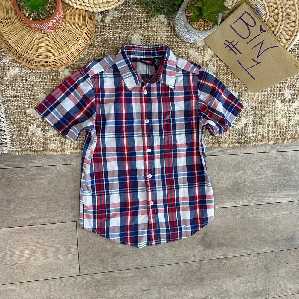New Wrangler Boys Plaid Button Down Short Sleeve Shirt Size Small Red White Blue